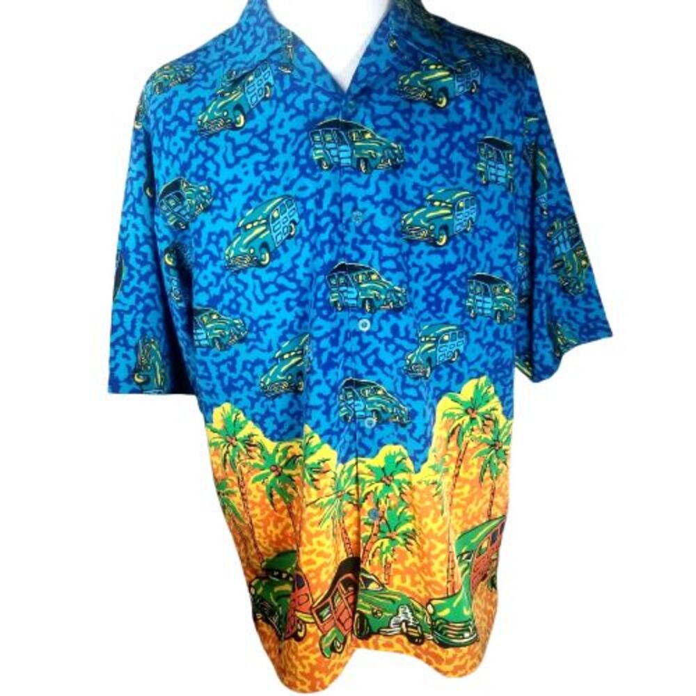 KAD Hawaiian Shirt Mens Large Tropical Camp Short Sleeve Wagon Palms Aloha
